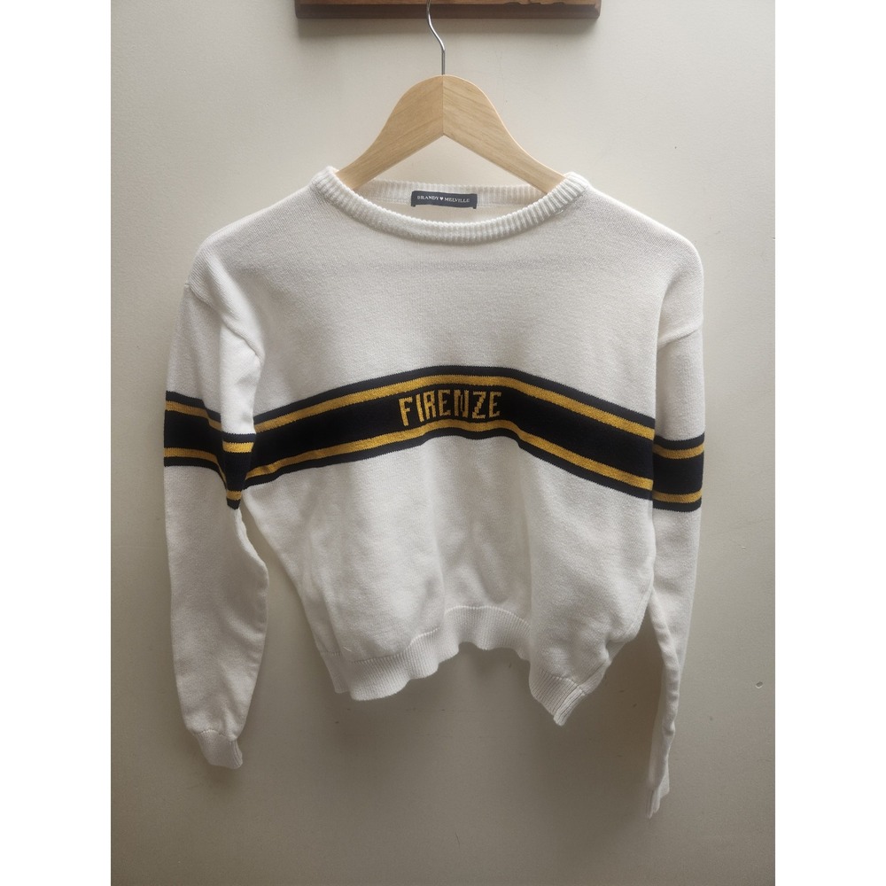 Brandy Melville Firenze Striped Knit Sweater White Navy Yellow Cotton‎ Crewneck
